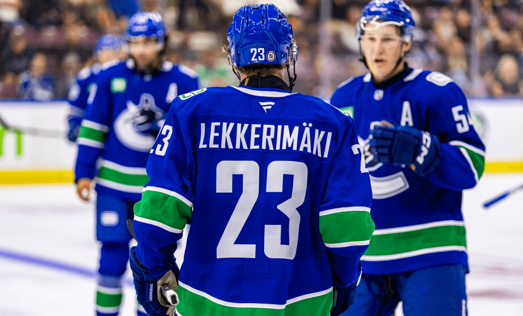 Jonathan Lekkerimäki, Aatu Räty, and Arshdeep Bains during the Vancouver Canucks' 2-0 win over the Edmonton Oilers at the 2024 Young Stars Classic from Penticton, BC.